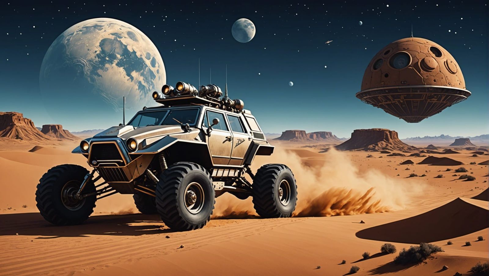 Mars Rover Speeding Across Martian Dunes