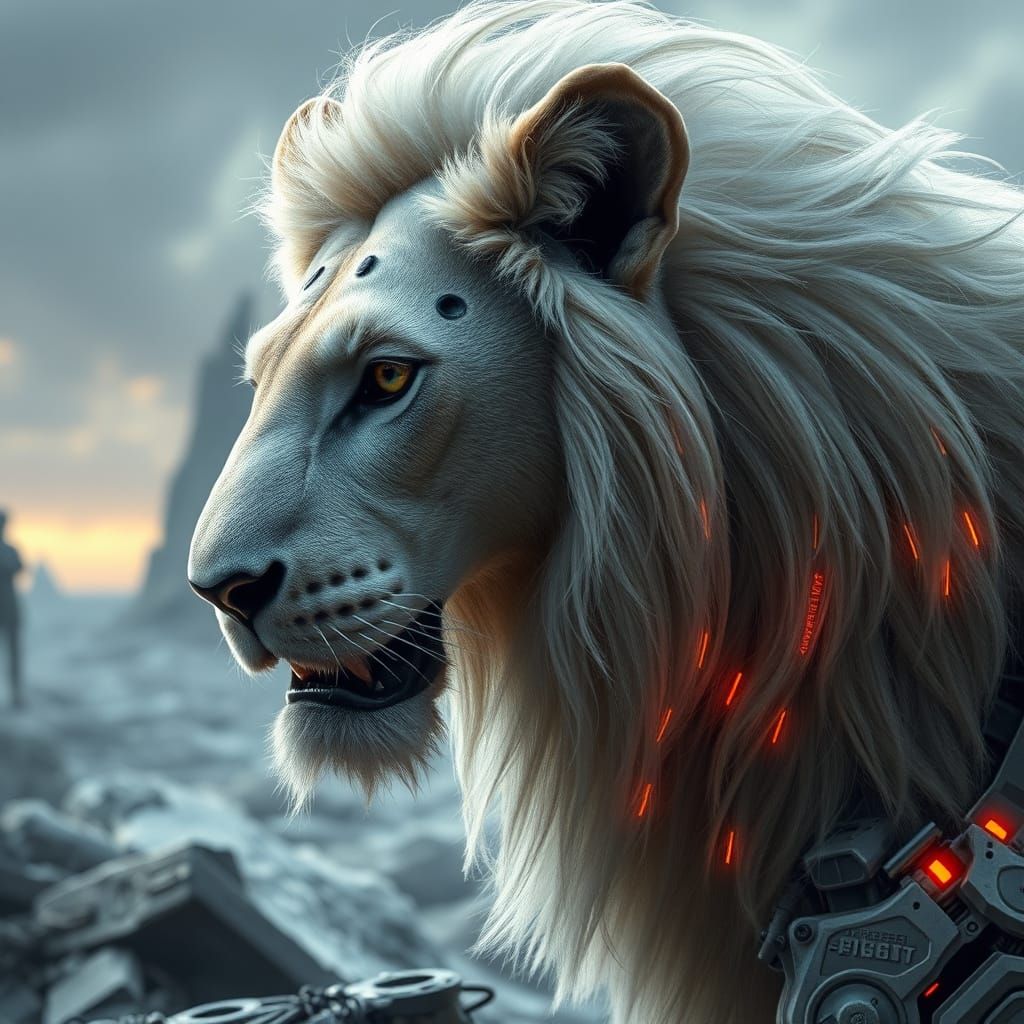 Majestic Lion Robot in Dystopian Landscape
