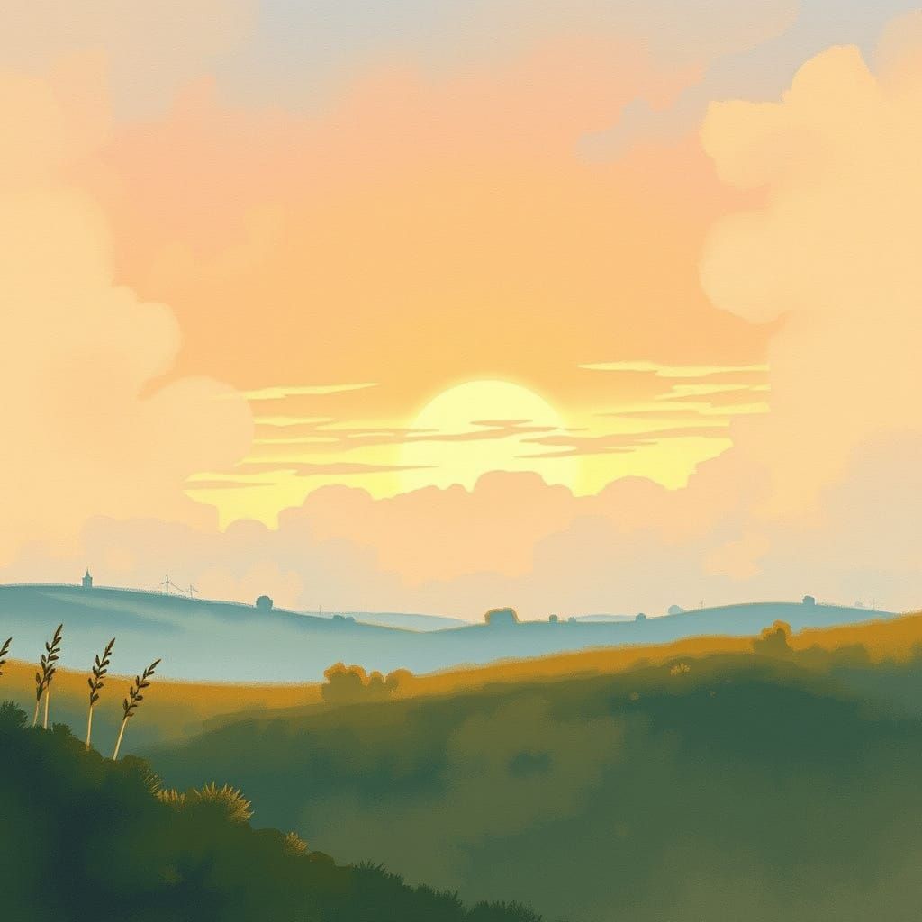 Serene Golden Light in Watercolor Style