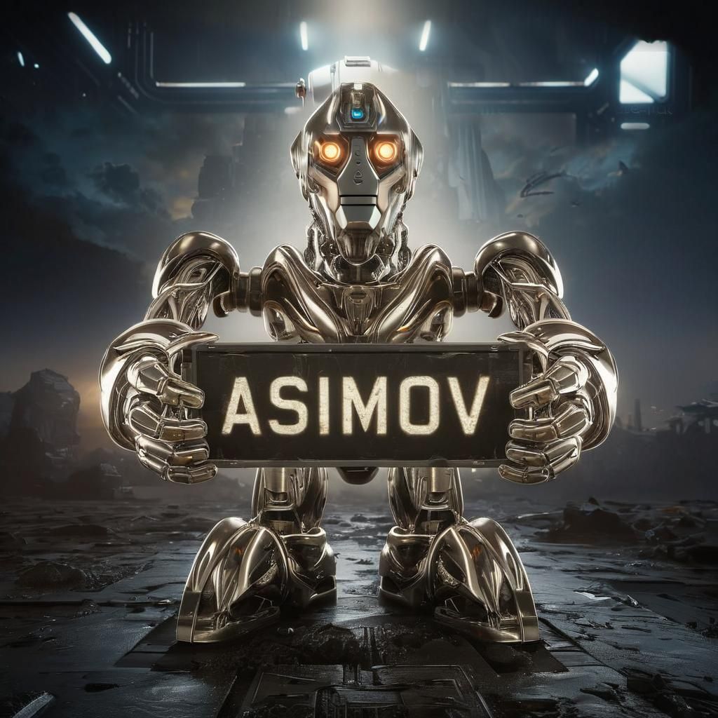 Futuristic Robot Holding Asimov Sign in Sci-Fi Scene