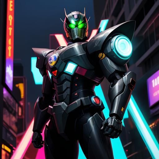 Female Kamen Rider in Neon Cityscape