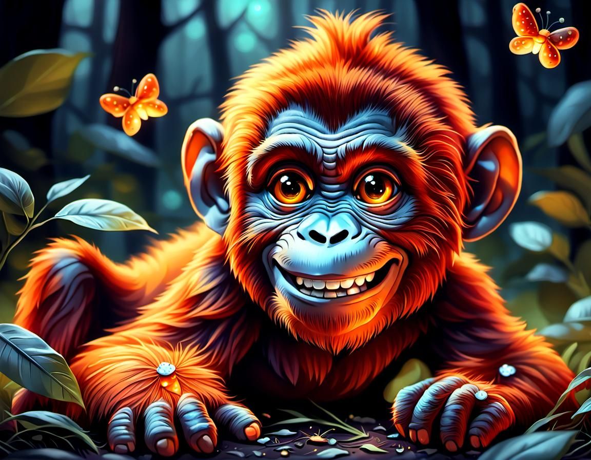 Adorable Ape Smiling Under Fireflies: Digital Art