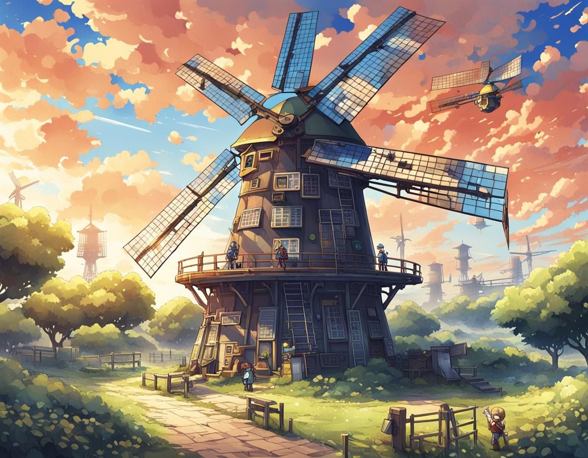 Solarpunk Android at Windmill, Anime Style