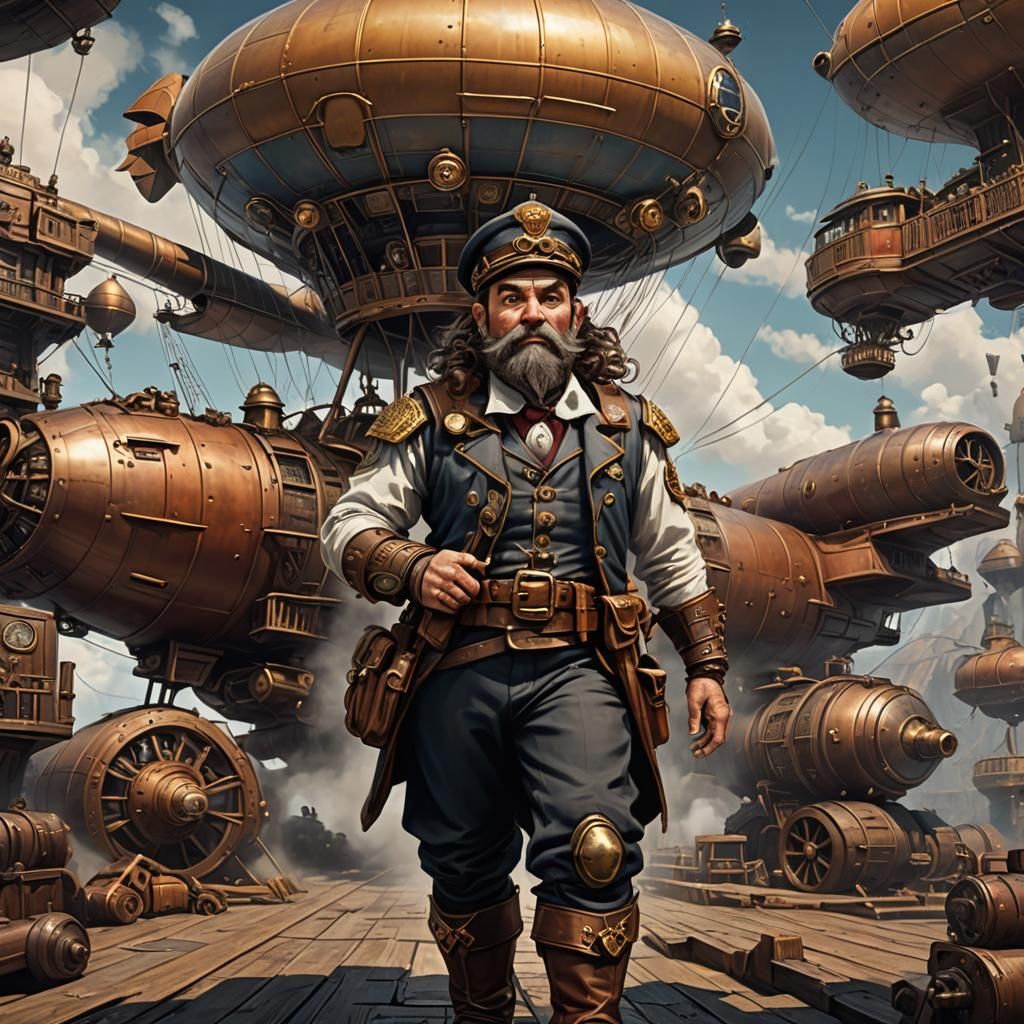 Steampunk Dwarf Zeppelin Pilot in Detailed Matte Painting