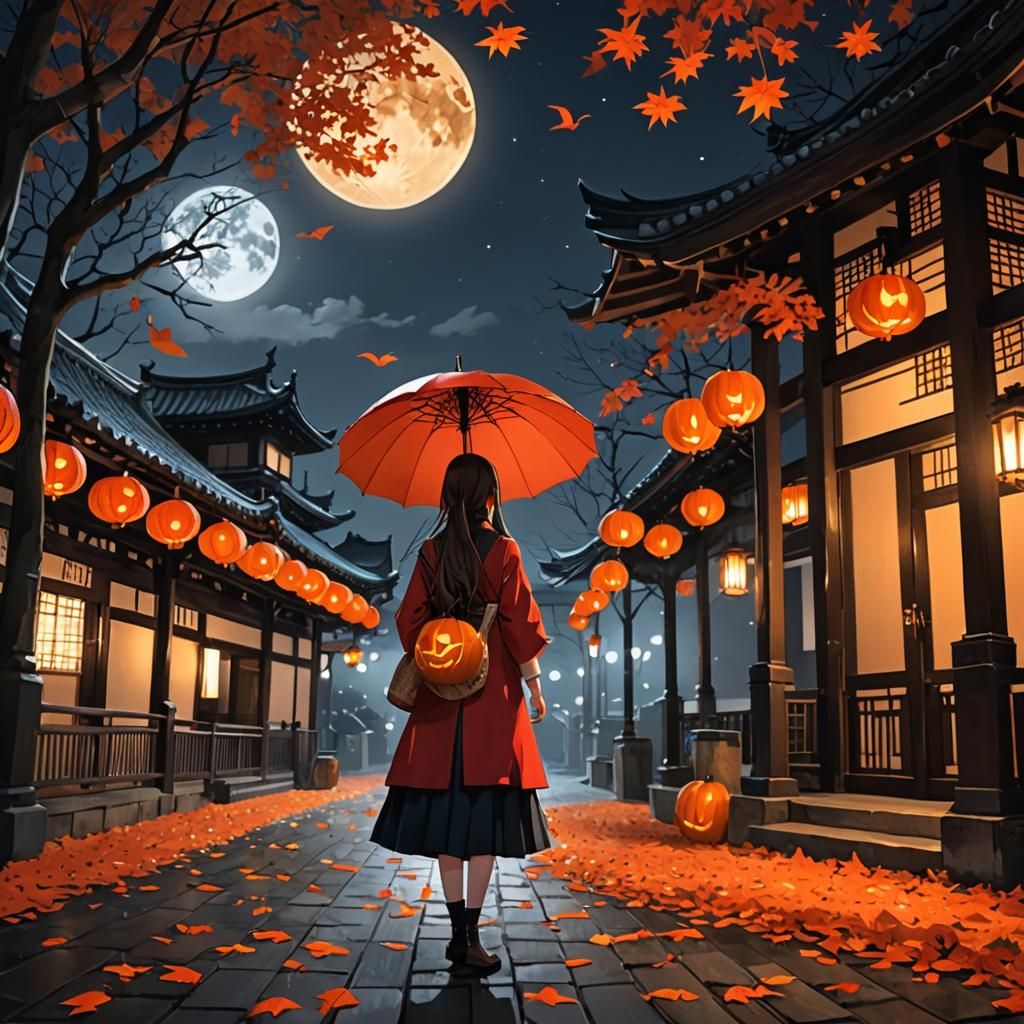 Girl With Fox Tail Under Red Umbrella at Night