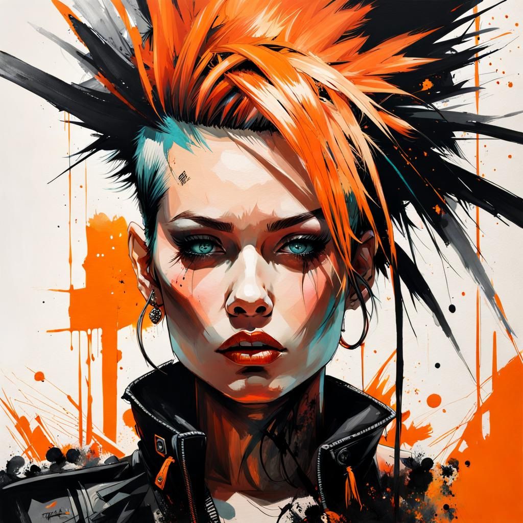 Breathtaking Gouache Portrait of Punk Girl with Mohawk