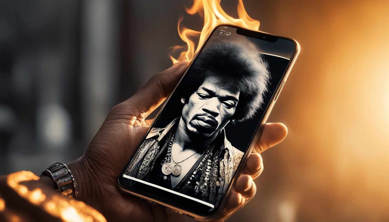 Jimi Hendrix Burning Smartphone in Hyperrealism