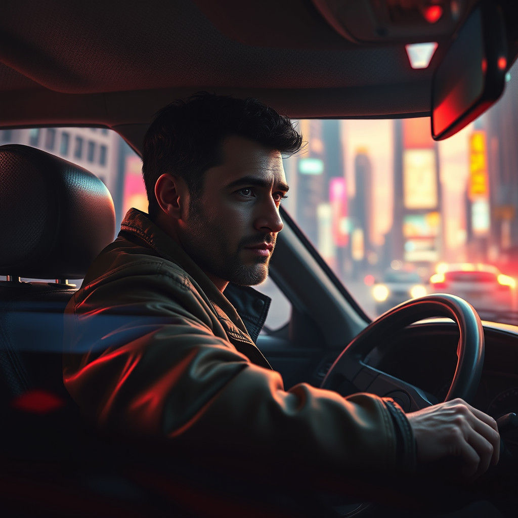 Taxi Driver in Dreamlike Cityscape: Matte Painting