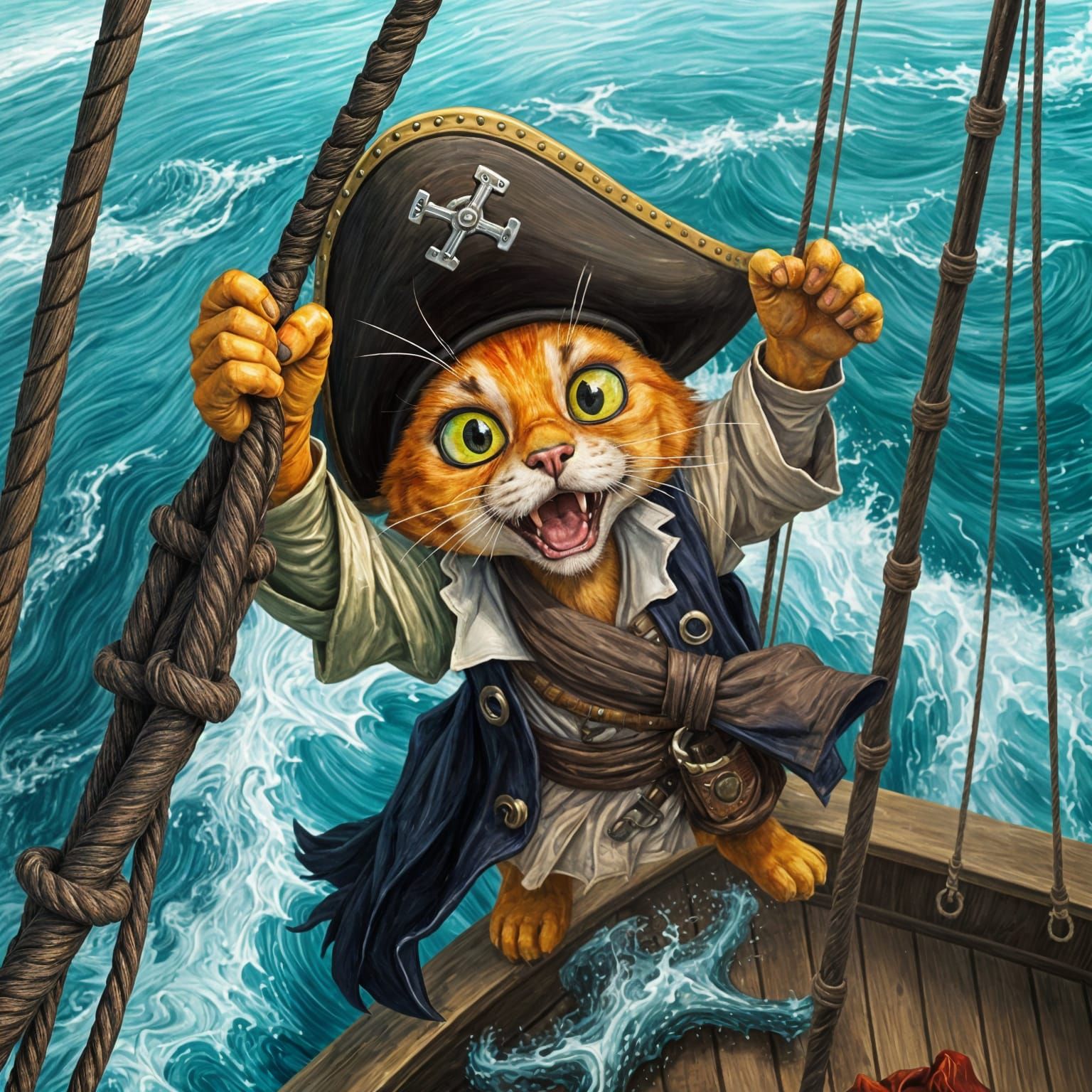 Cartoon Pirate Cat in Peril on Stormy Seas