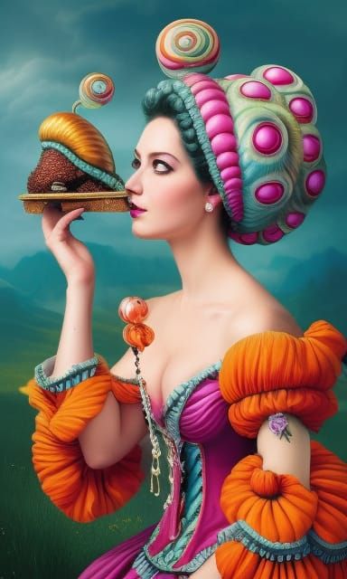 Surreal Snail Woman Portrait in Rococo Style