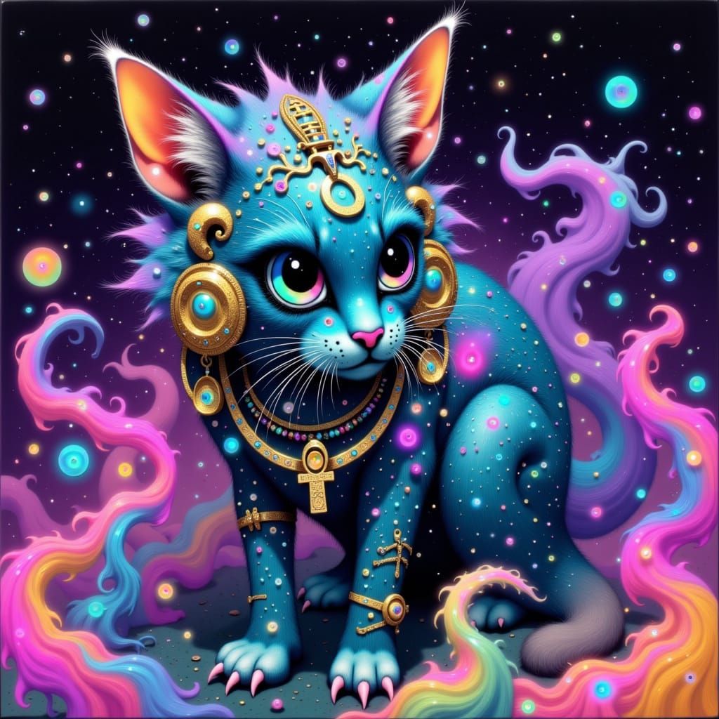 Majestic Bastet Cat with Shimmering Hieroglyphics in Vibrant...