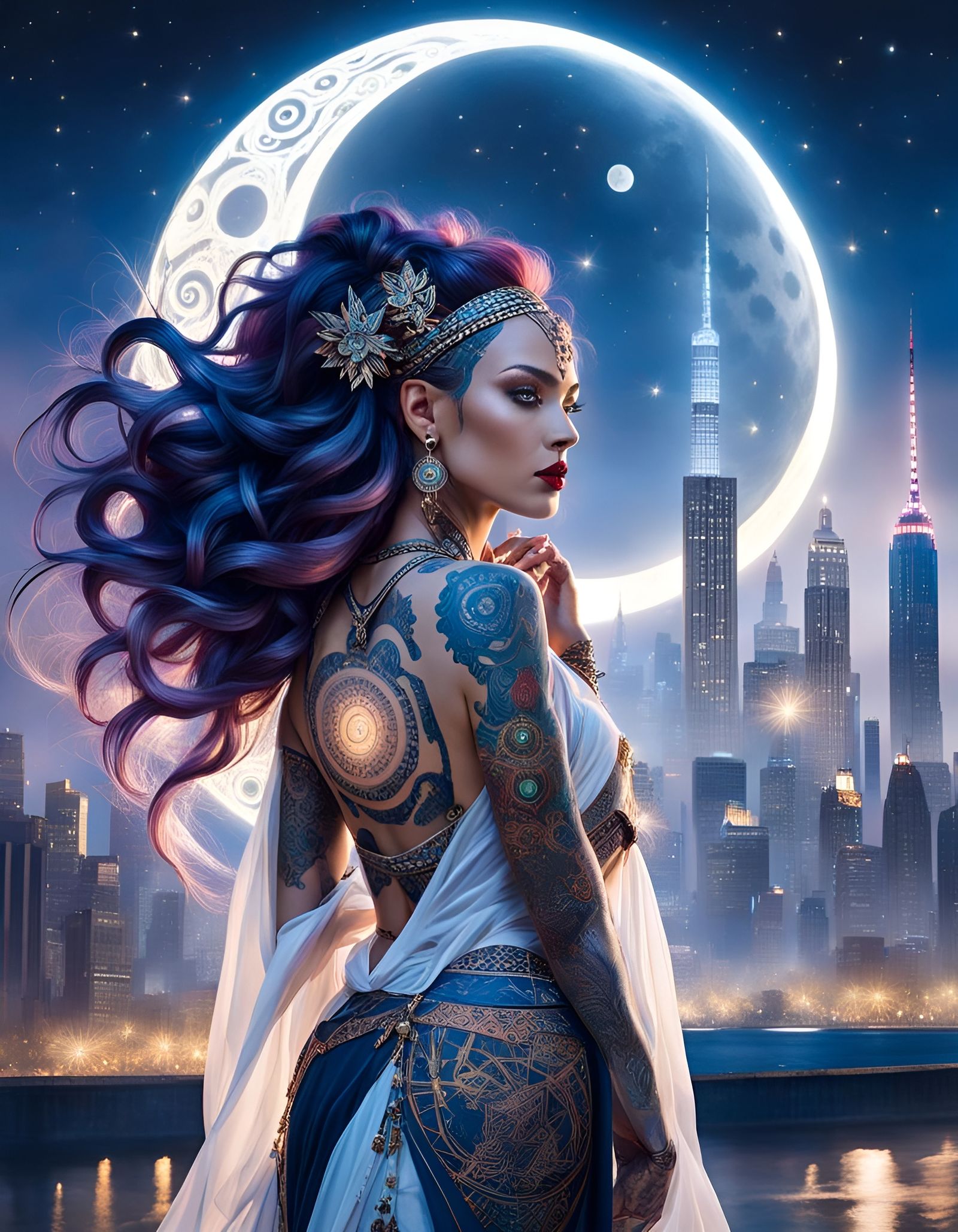 Ethereal Tattooed Woman Dancing in Moonlight