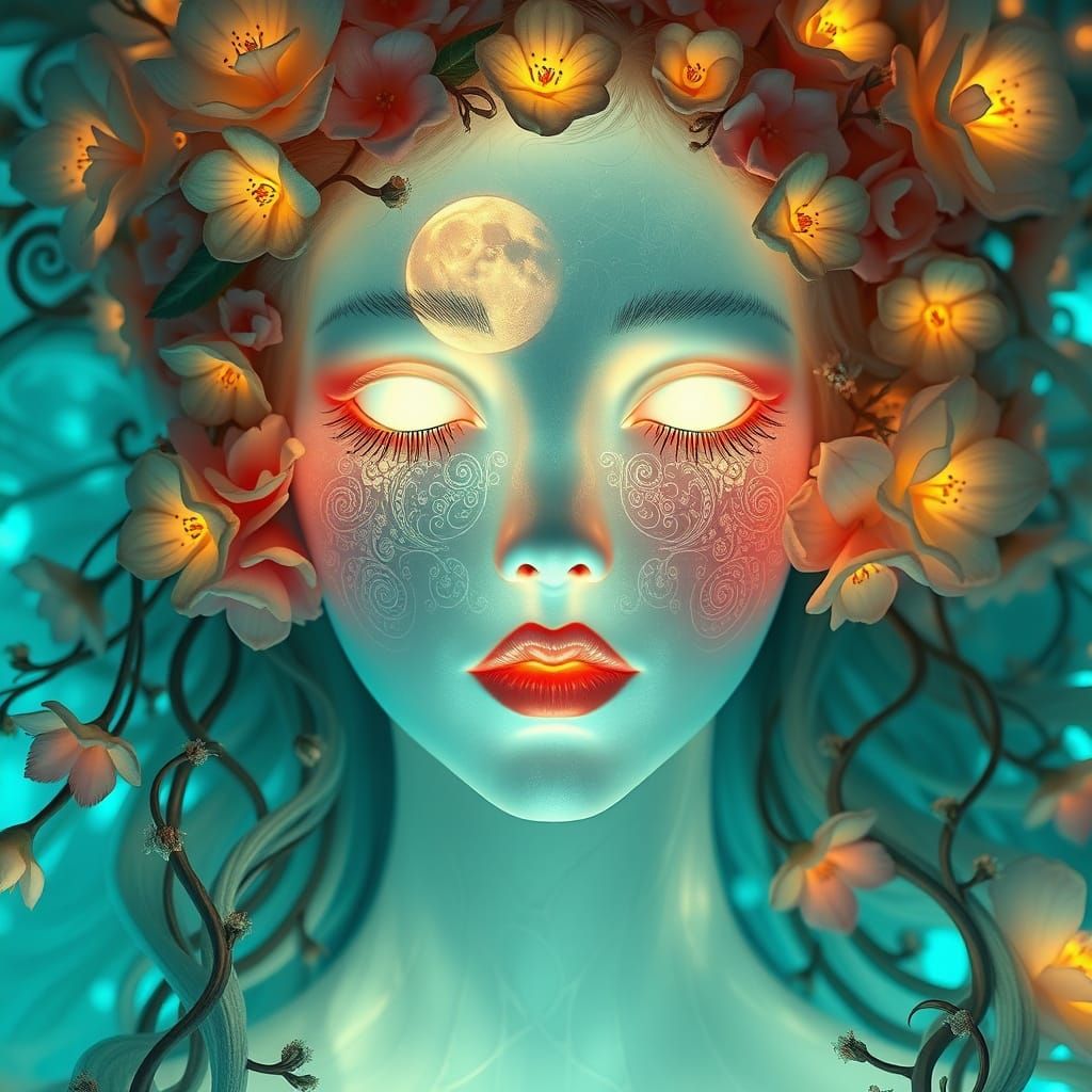 Dreamlike Goddess Made of Light and Delicate Porcelain Featu...