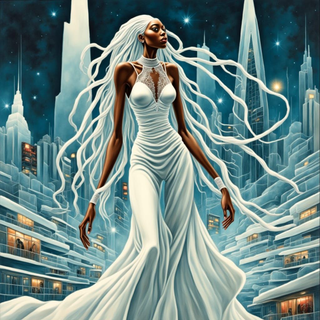 Futuristic Woman in White Jumpsuit in Neon Cityscape