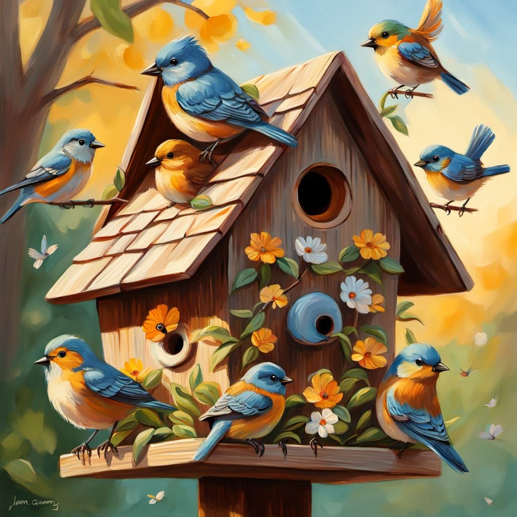 Birdhouse with Chibi Birds in Impressionist Oil Painting