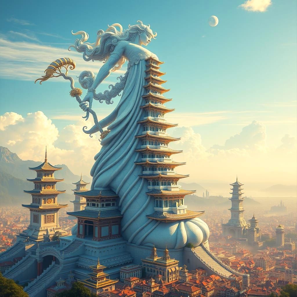 Colossal Woman Crushing City with Pagoda Boots