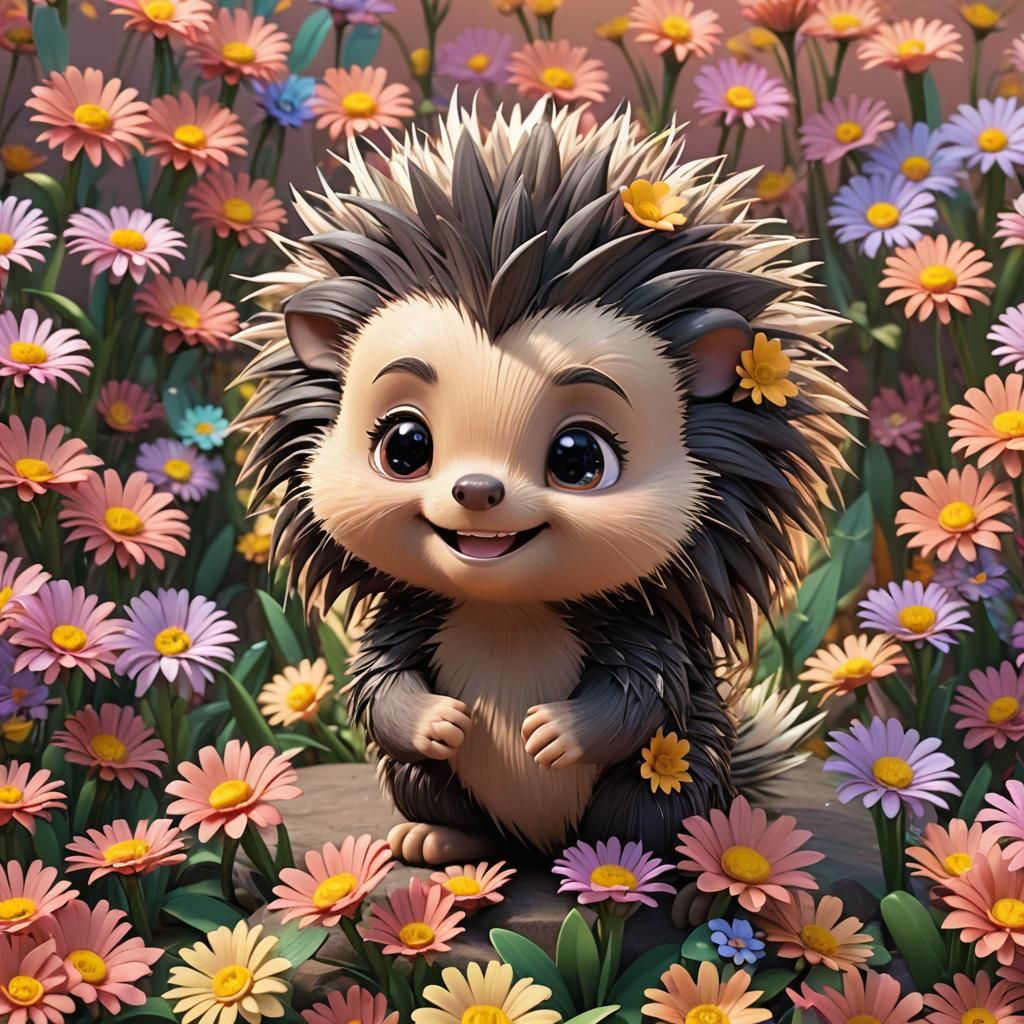 Smiling Chibi Porcupine in Pixar Disney Style