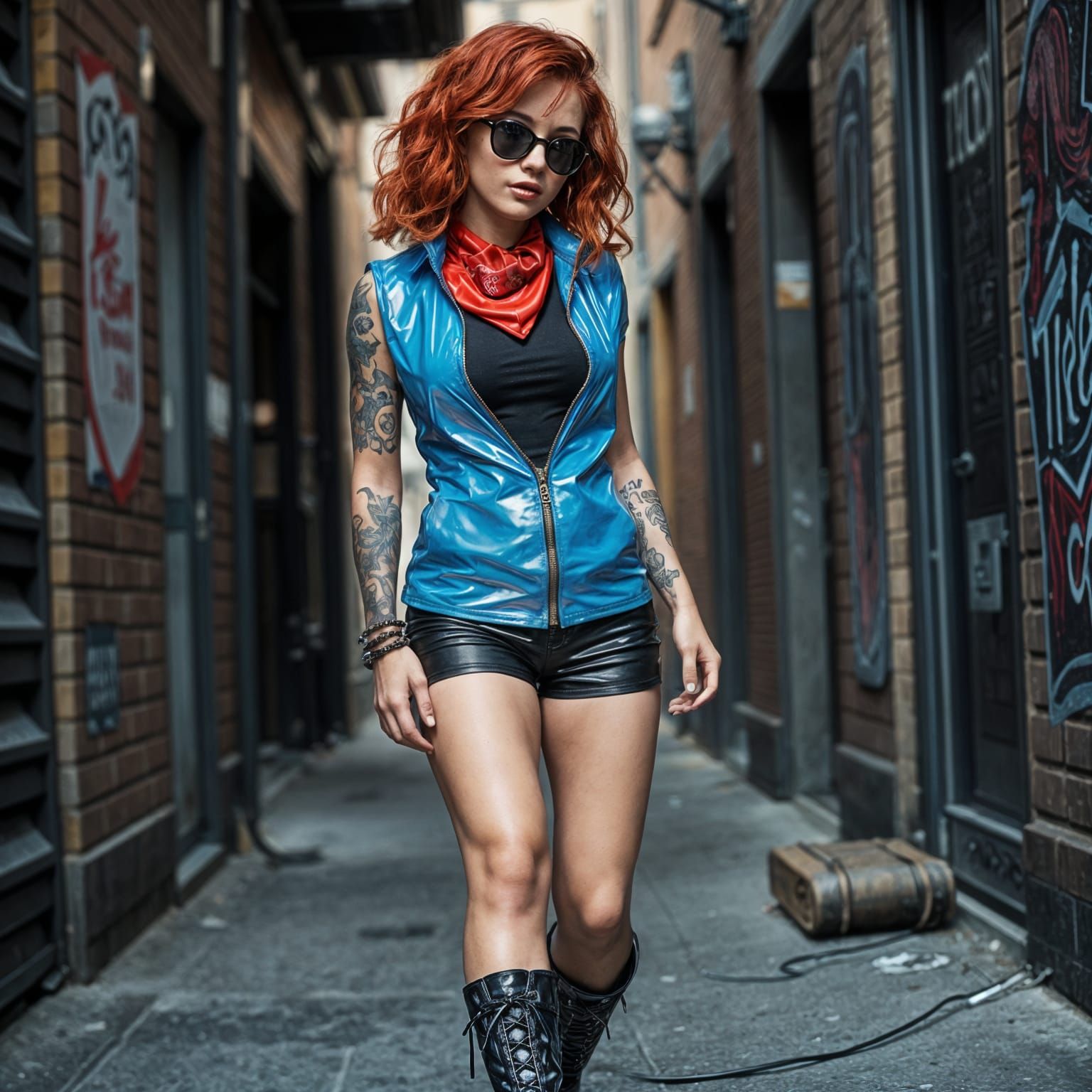 Redhead in Latex Posing in Alleyway