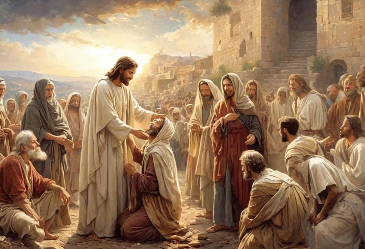 Jesus Healing a Blind Man in Ancient Town