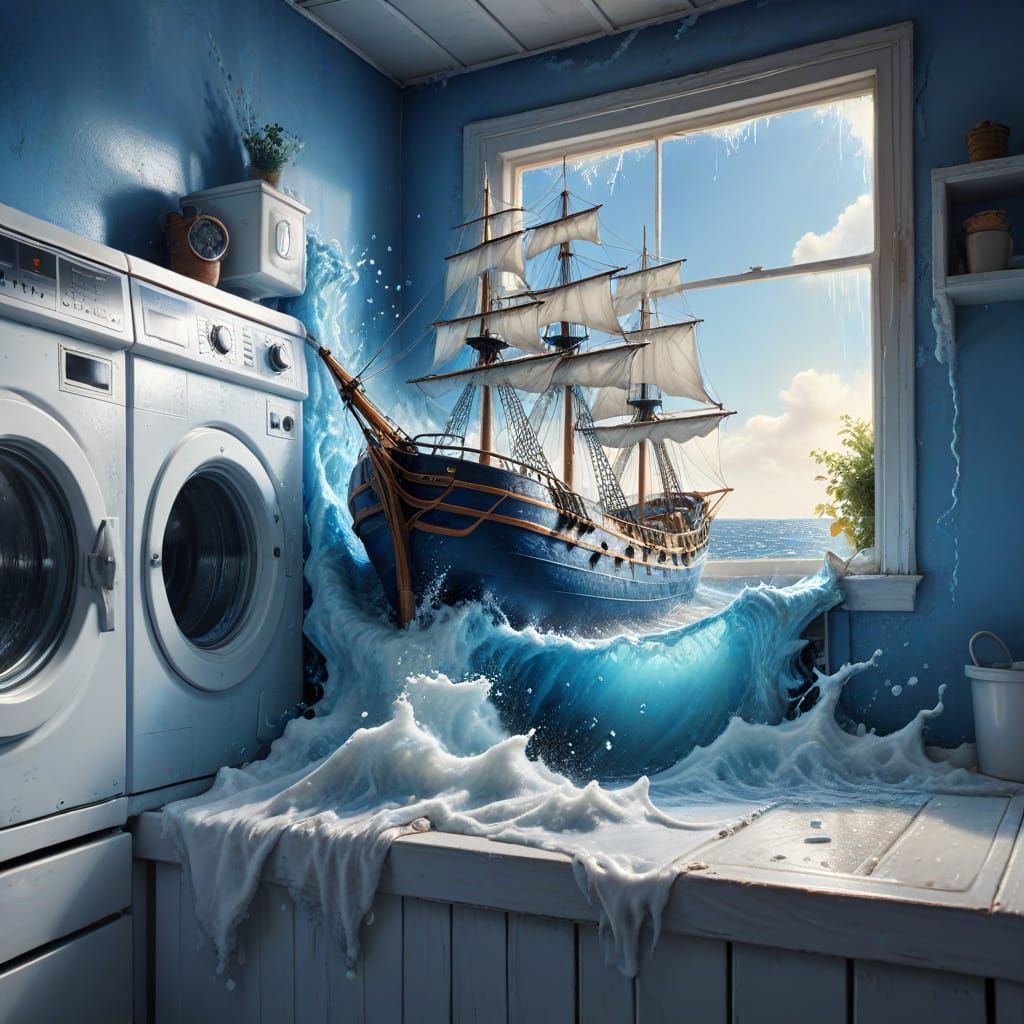 Surreal Sailing Ship Emerges from Washing Machine in Fantasy...