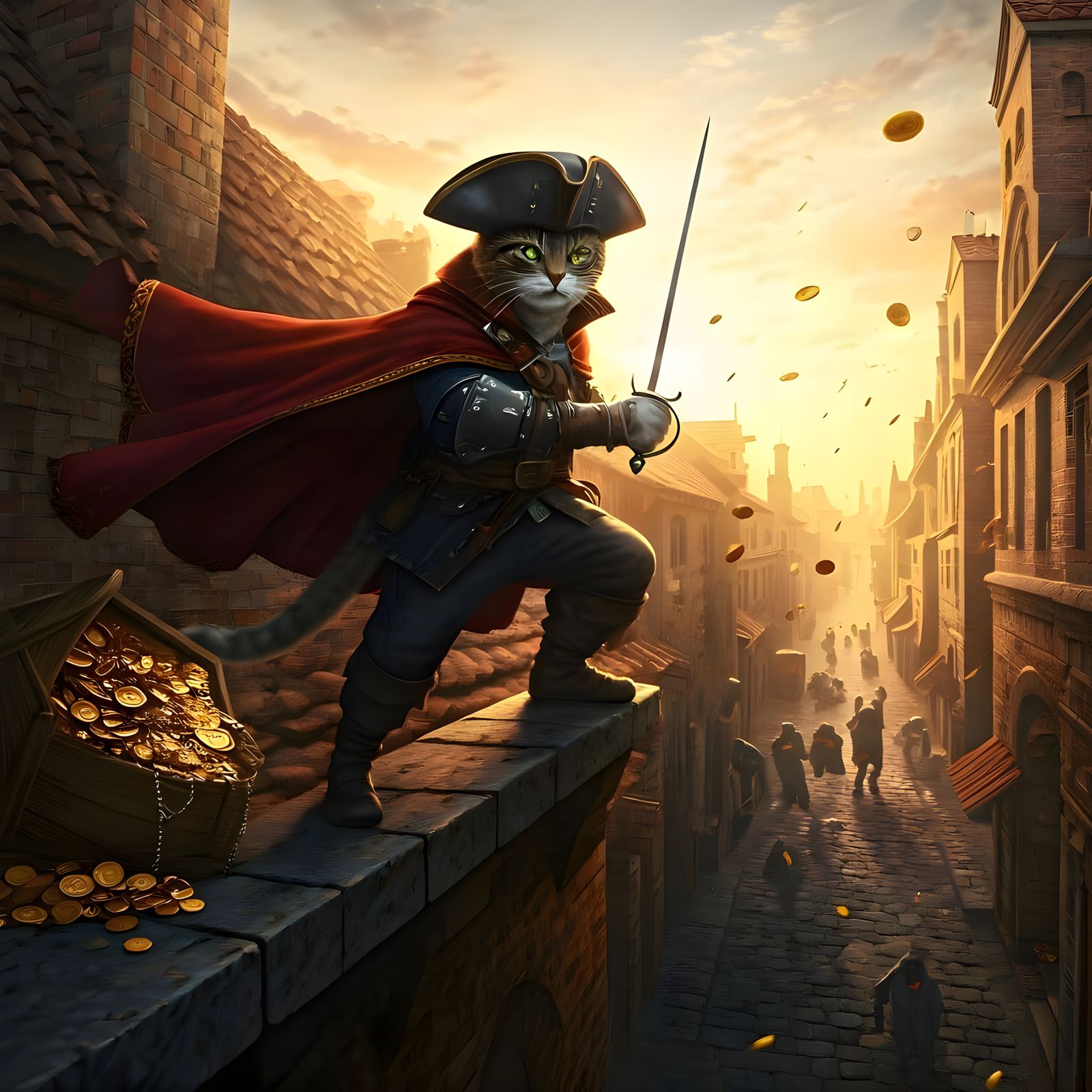 Feline Warrior in Crimson Cape Battles Shadowy Gold Robbers ...