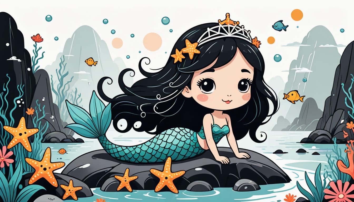 Cute Mermaid in Kawaii Cartoon Style Line Art