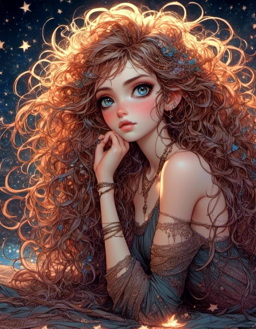 Copper-Haired Girl Gazing at Starry Night Sky