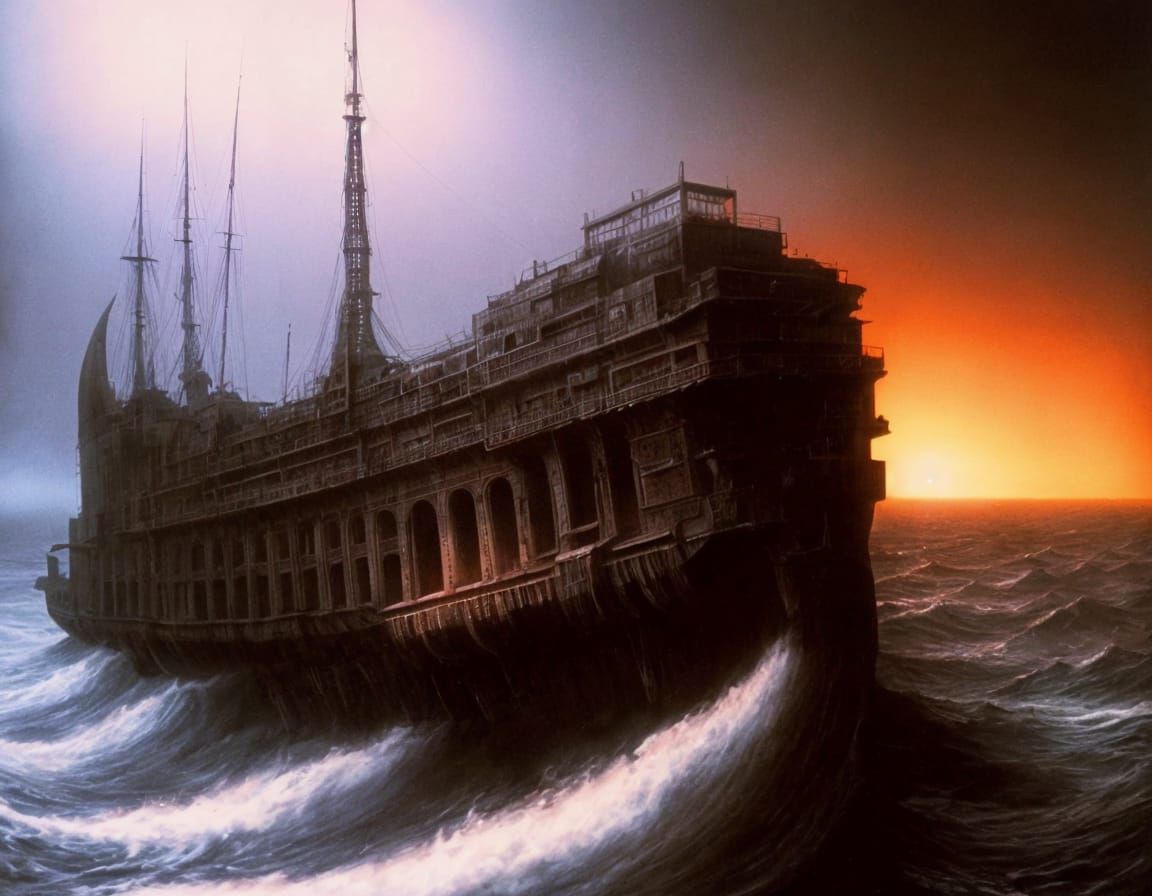 Ghost Ship at Night in Surreal Horror Style