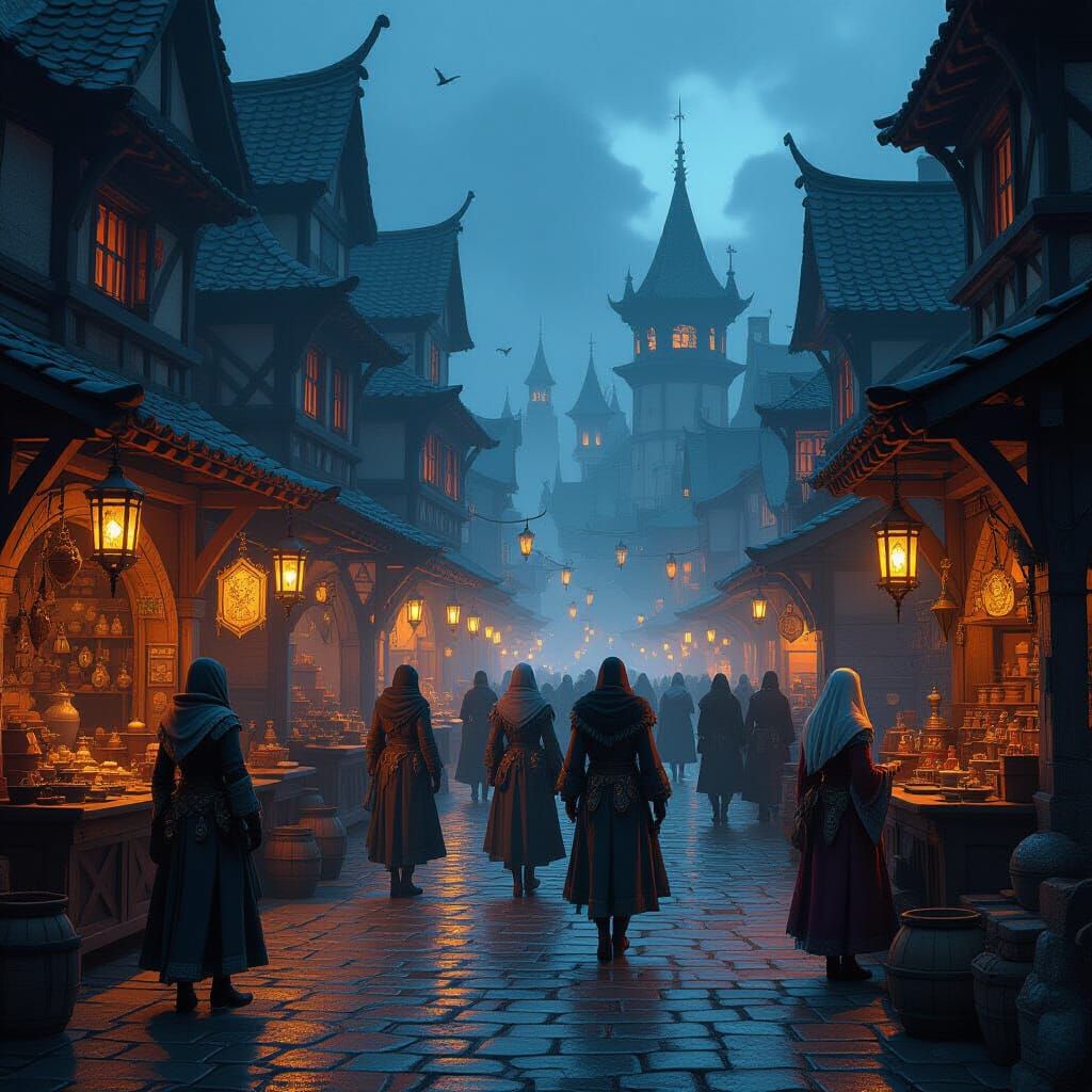 Medieval Marketplace at Dusk in Foggy Fantasy Style