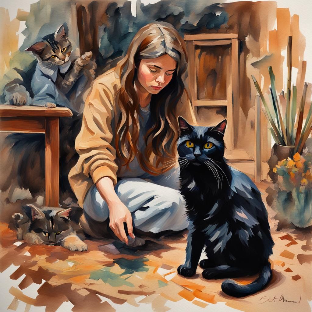 Woman with Cat in Gouache Impressionist Style