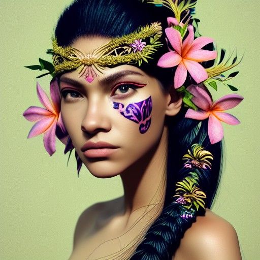 Ethereal Polynesian Woman Portrait in Digital Art Style