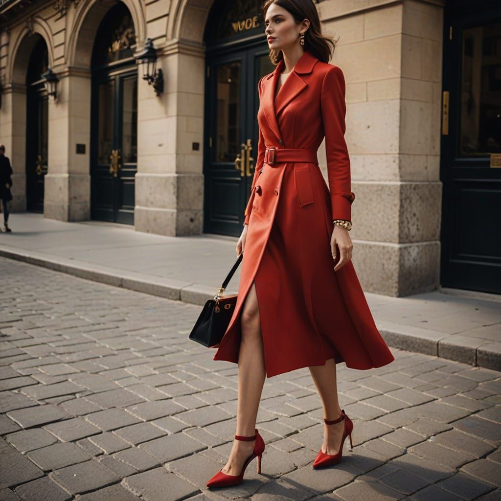 Parisian Chic: Woman in Red Designer Dress