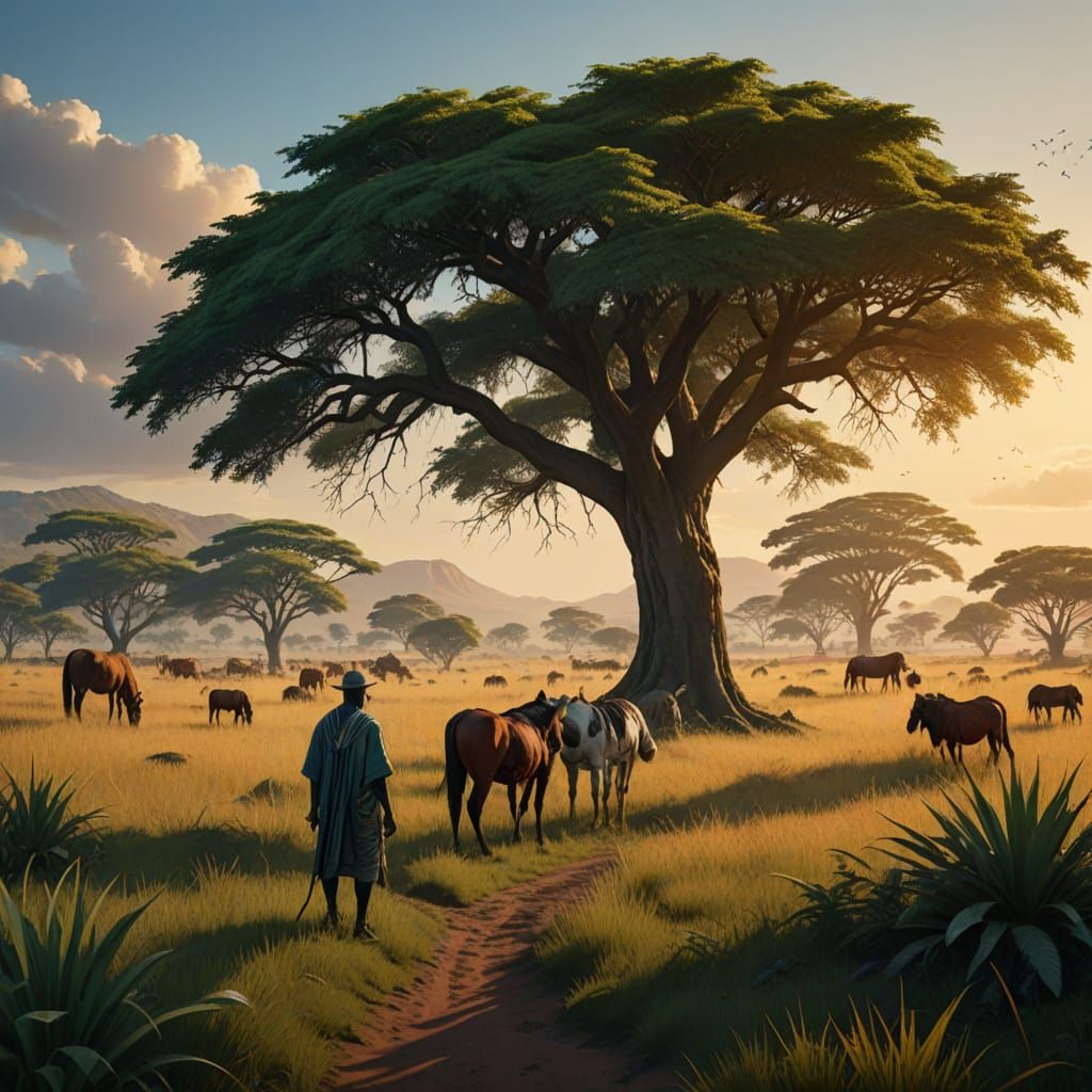 Traditional African Man in Serene Savannah Landscape
