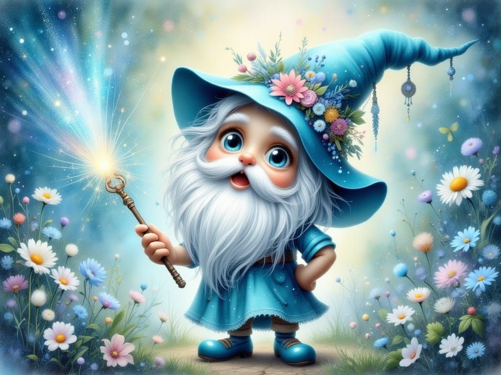 Whimsical Blue Gnome in Enchanted Wonderland
