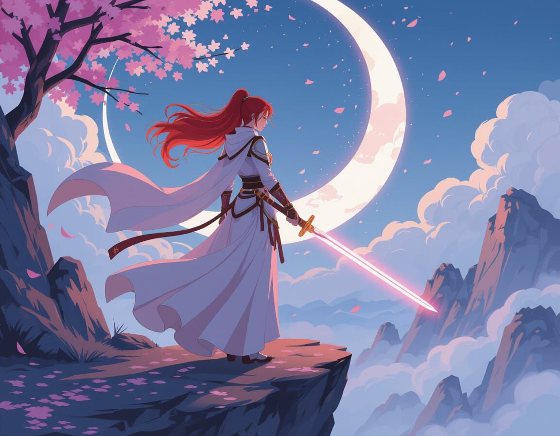 Crimson Warrior on Cliff with Glowing Katana