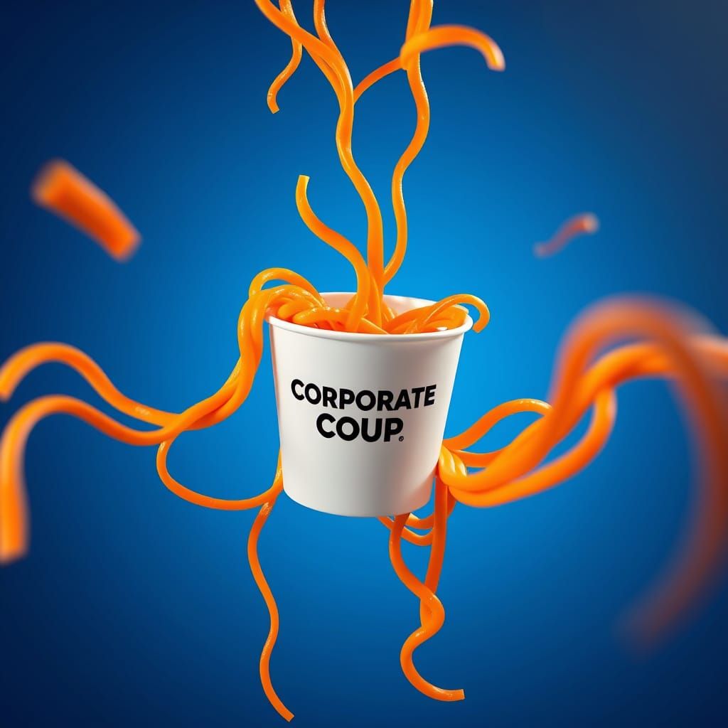 Vibrant Corporate Coup Cup with Swirling Orange Noodles