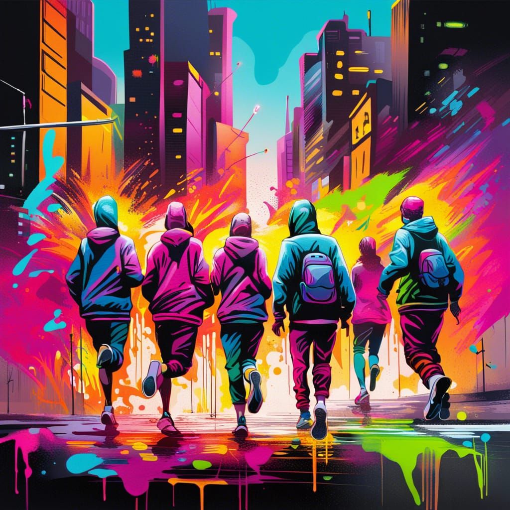 Neon Runners on City Skyline in Graffiti Style