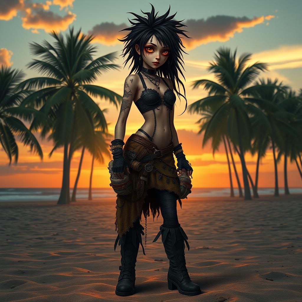 Gothic Post-Apocalyptic Character on Tropical Beach