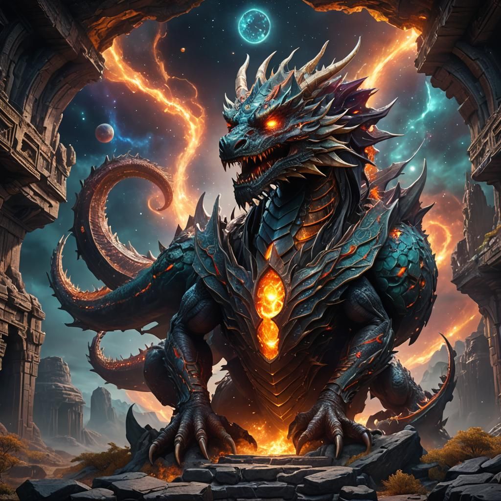Dragon in Supernova Sarcophagus: Detailed Fantasy Art