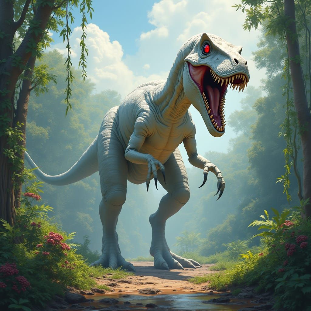 Pale T-Rex Creature in Lush Environment
