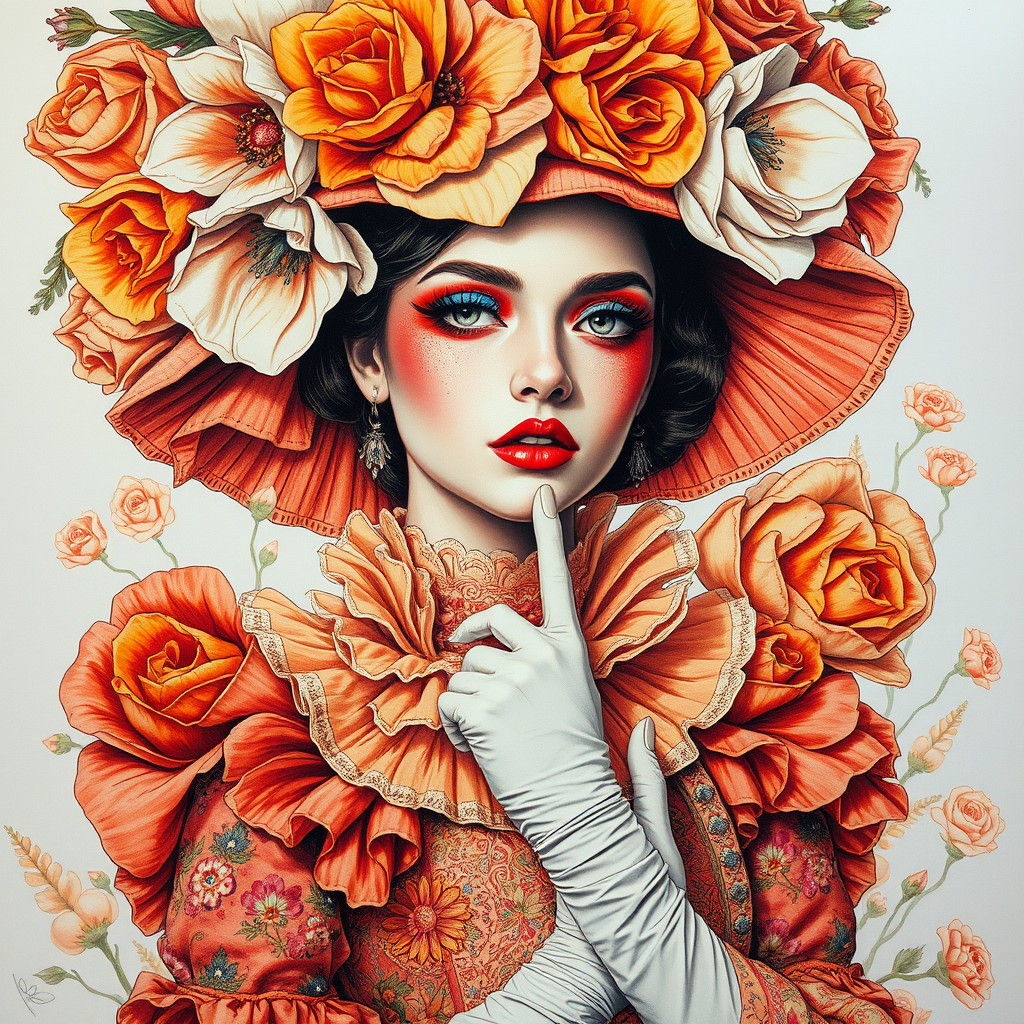 Rococo Woman Portrait in Expressive Ballpoint Pen Style