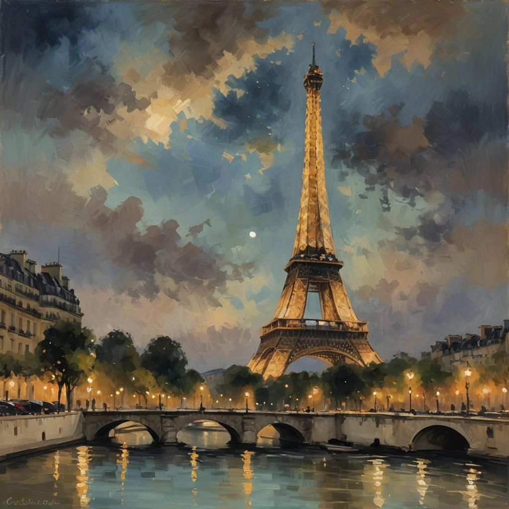 Eiffel Tower Nocturne in Impressionist Style