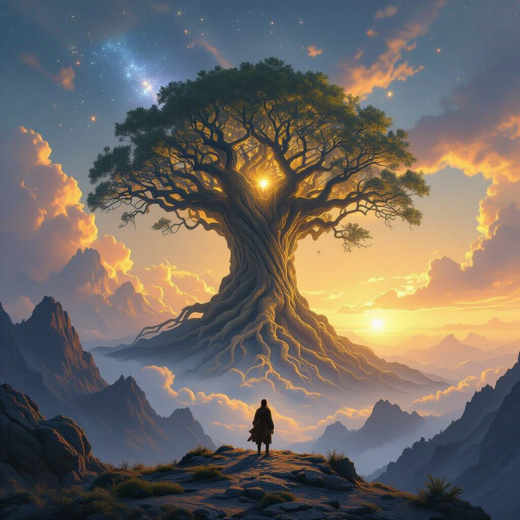 Epic Fantasy Art: Traveler Gazes at Cosmic Tree on Mountain ...