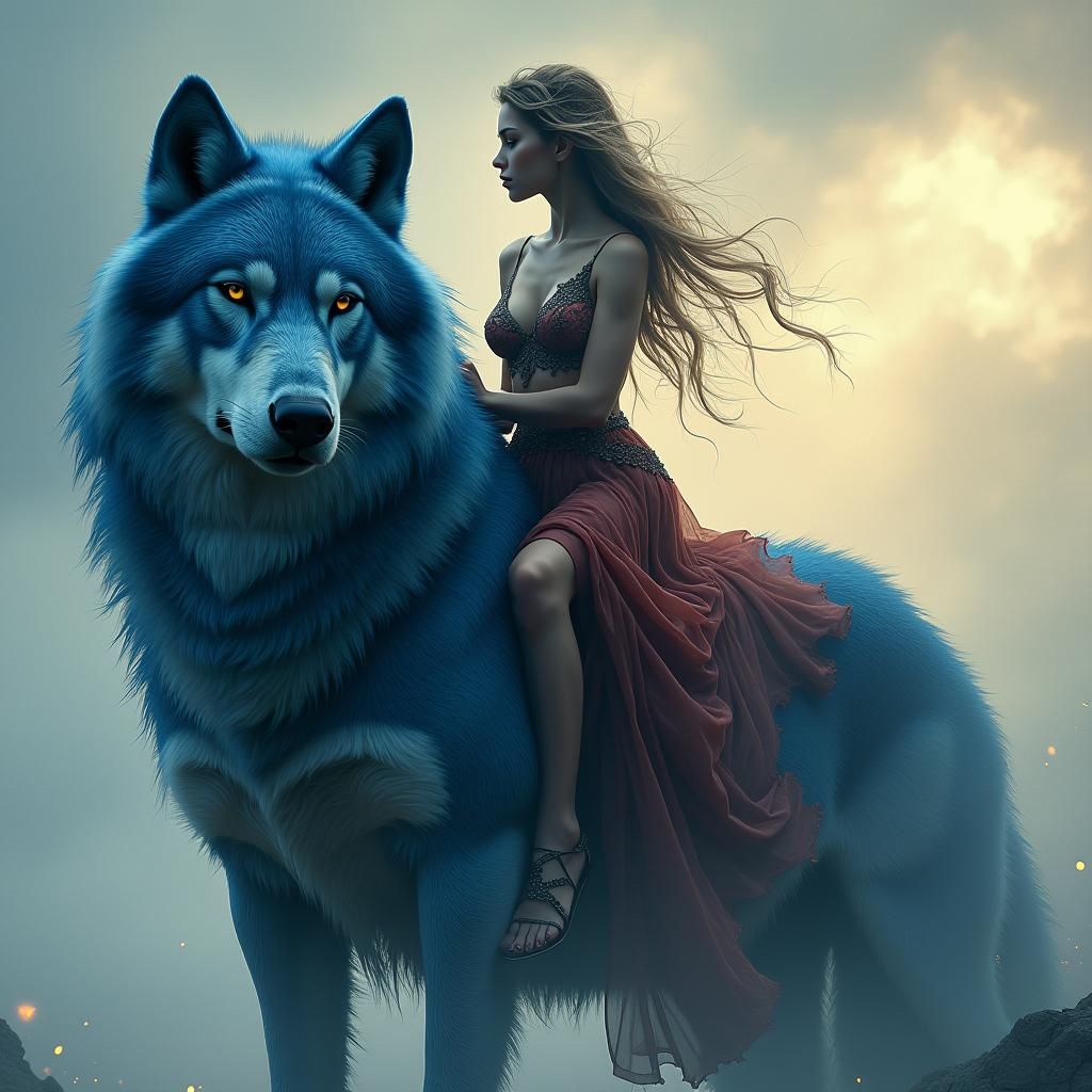 Woman on Blue Wolf in Ethereal Digital Painting