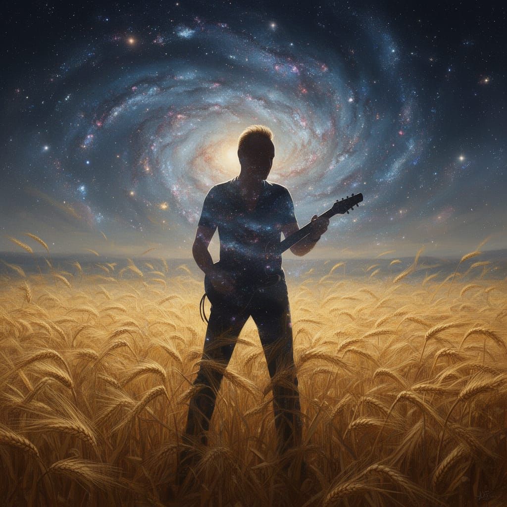 Musician's Silhouette Emerges from Cosmic Barley Fields