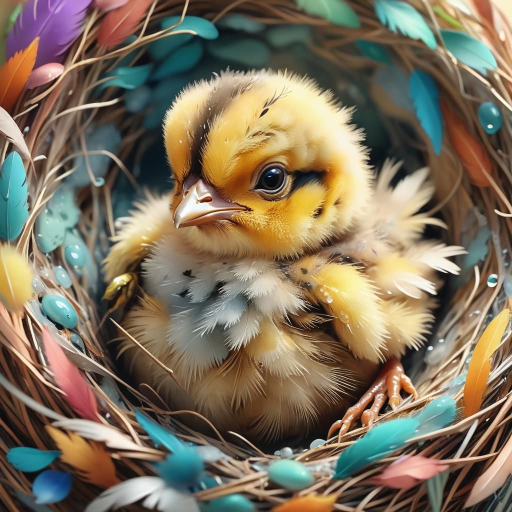 Chick in Morning Nest, Hyperrealistic Concept Art