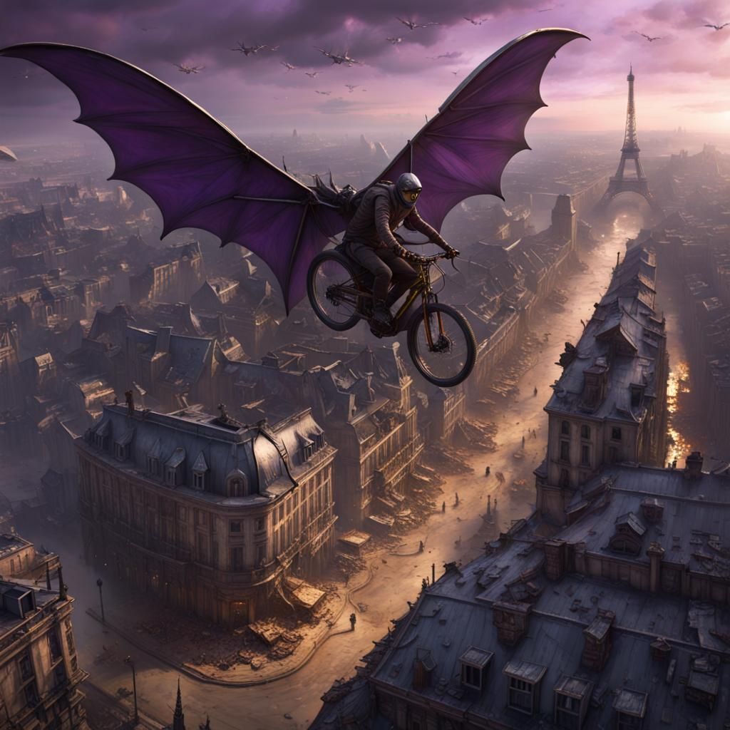 Bat-Winged Bicycle Flies Over Apocalyptic Paris