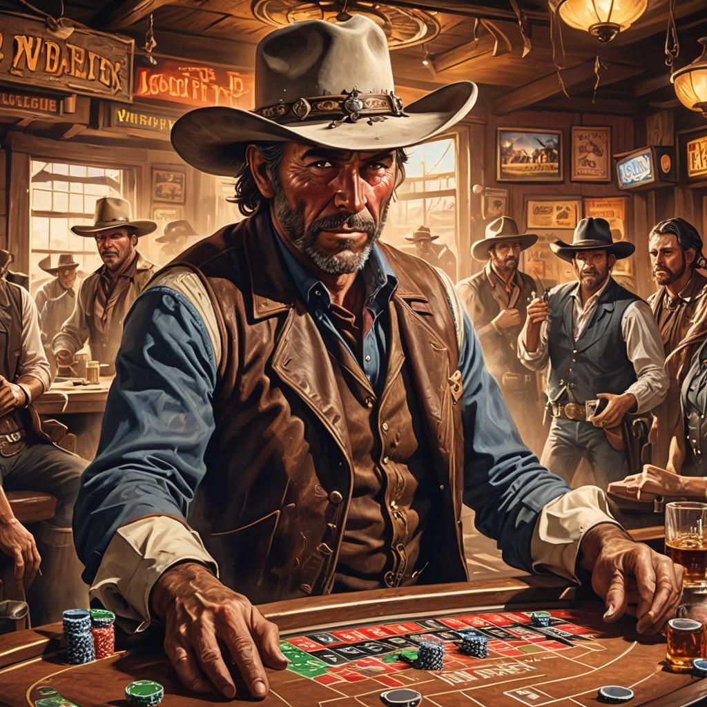 Wild West Saloon with Cowboys and Roulette