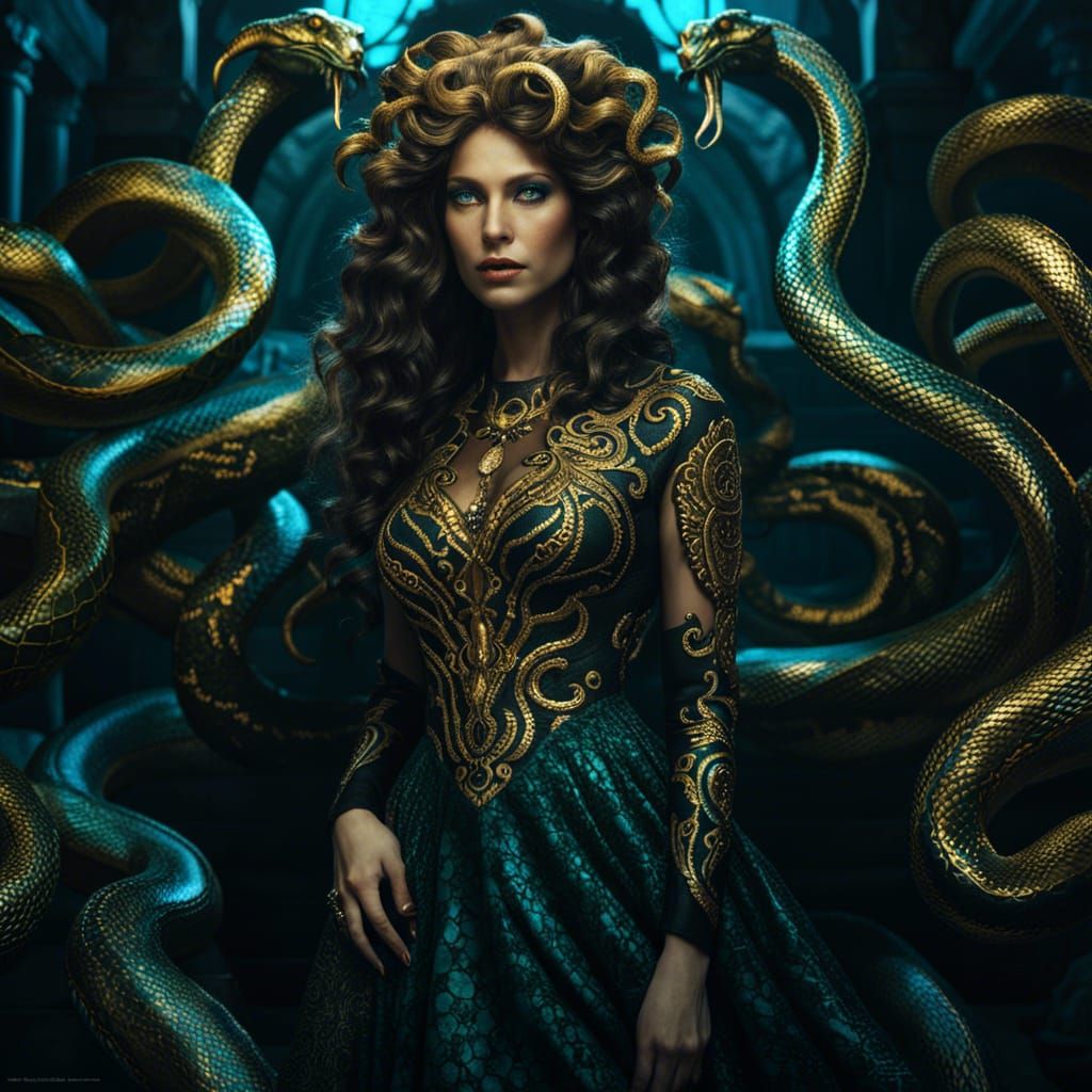 Beautiful Medusa in a Dark Dungeon, Photorealistic Style