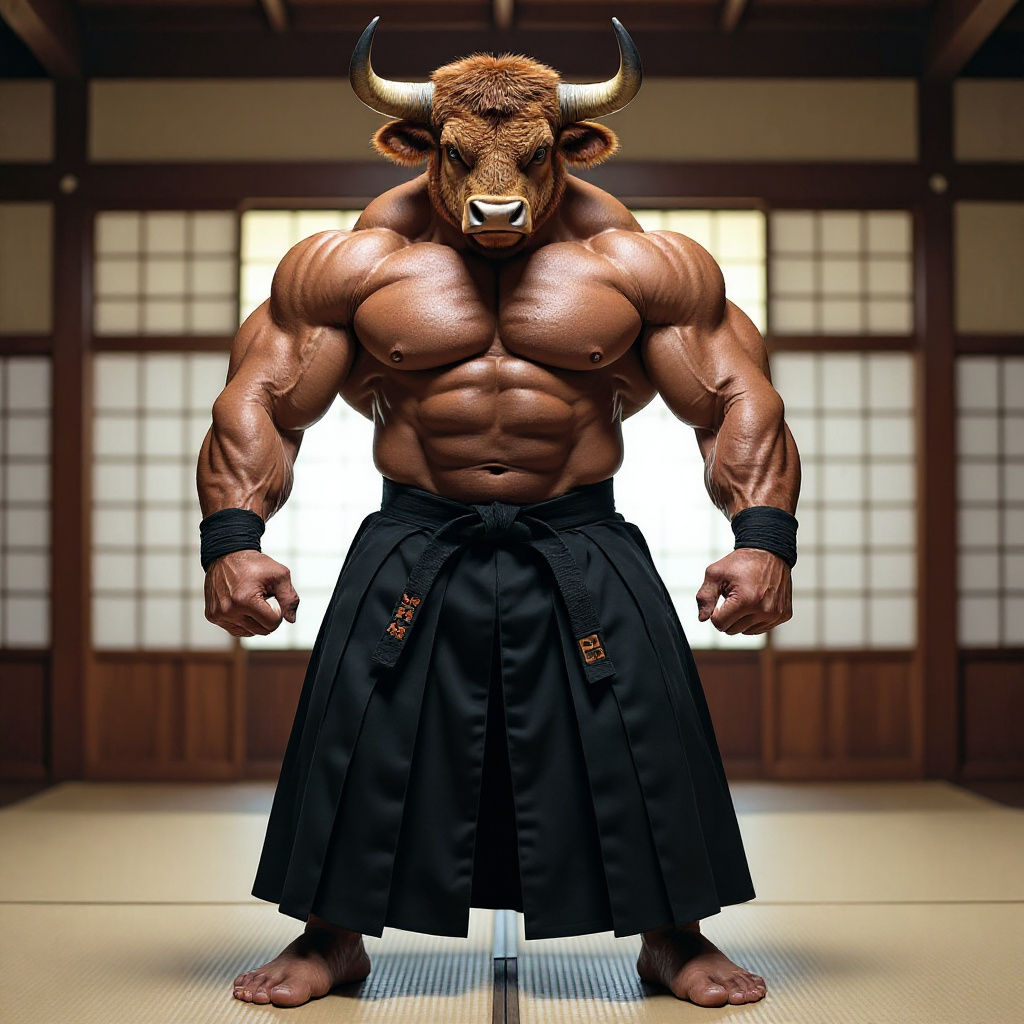 Muscular Bull Aikido Master in Cinematic Style